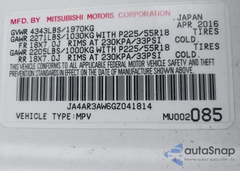 2016 Mitsubishi Outlander Sport 2.4 Se z USA, uszkodzony, nr VIN JA4AR3AW6GZ041814